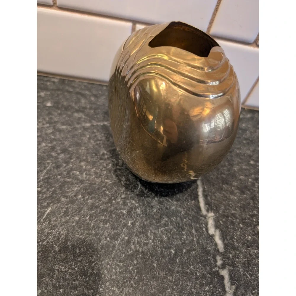 Vintage Brass Art Deco Ribbed Orb Bud Vase Round Polished Gold Tone MCM Decor